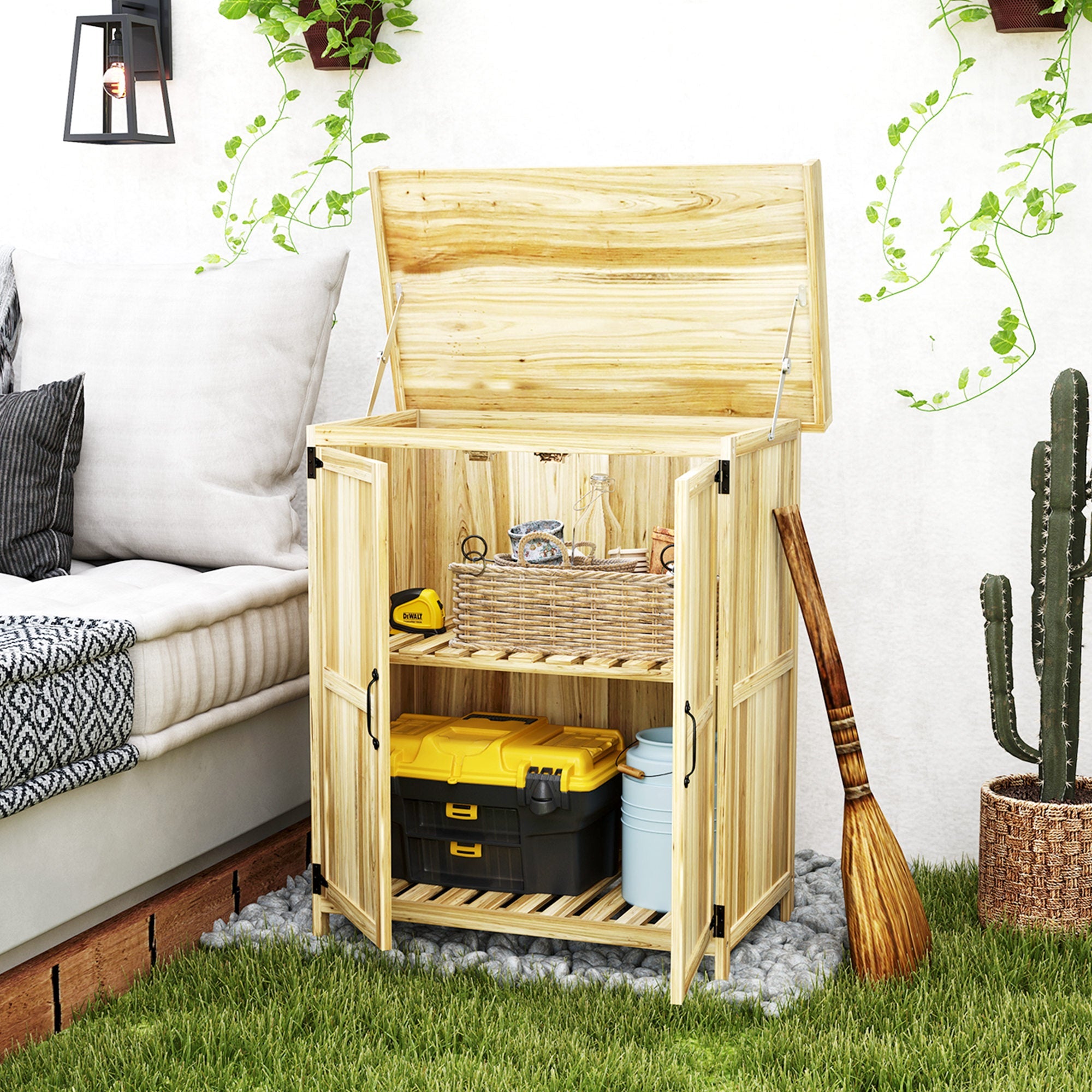 Wooden Garden Storage Shed With hinged Roof And Shelf