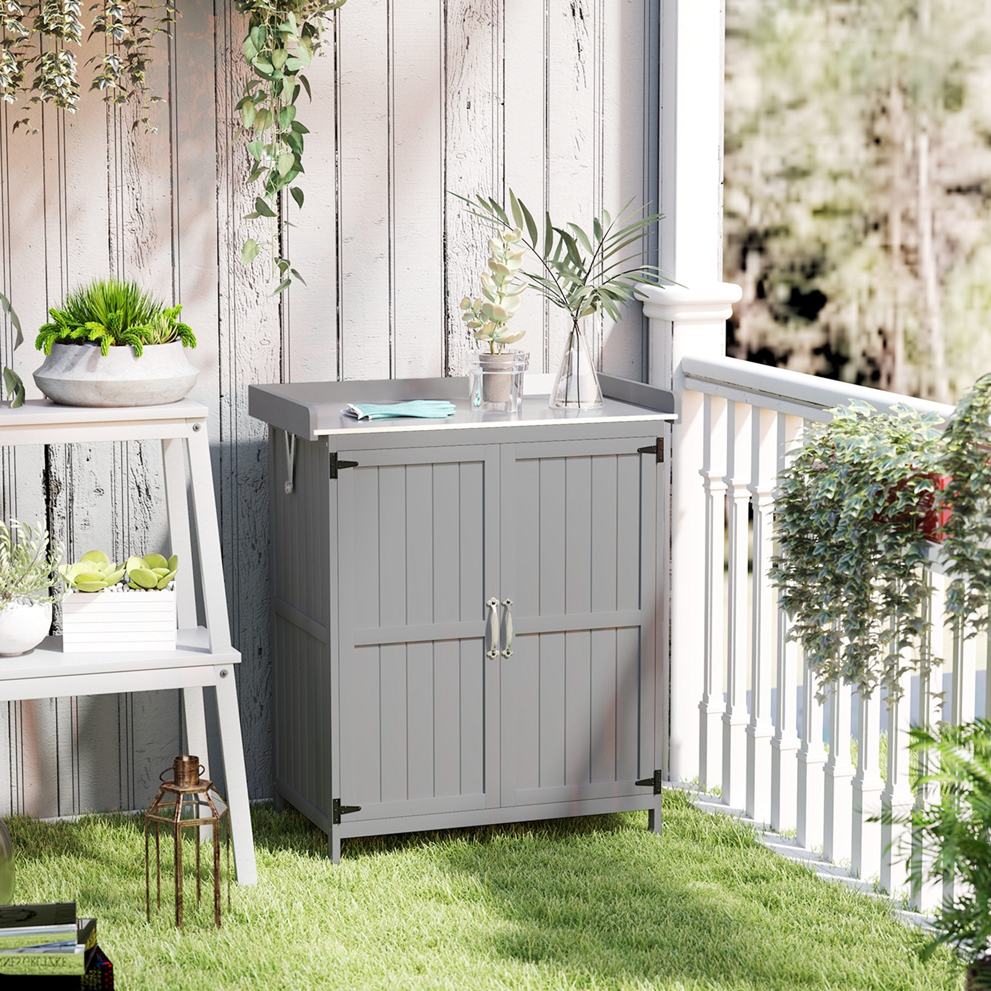 Wooden Garden Storage Shed With hinged Roof And Shelf