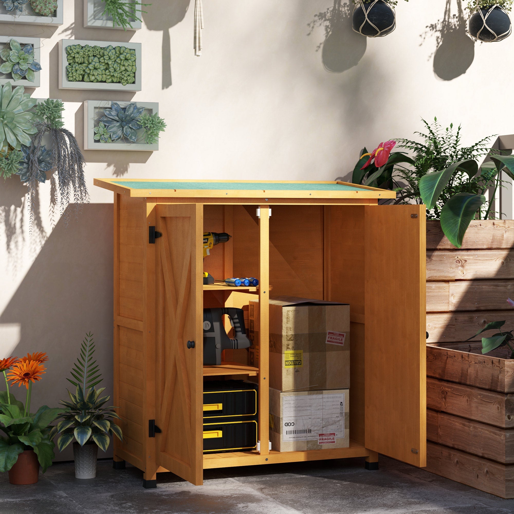 Garden Wooden Garden Storage Shed With Shelves Double Door