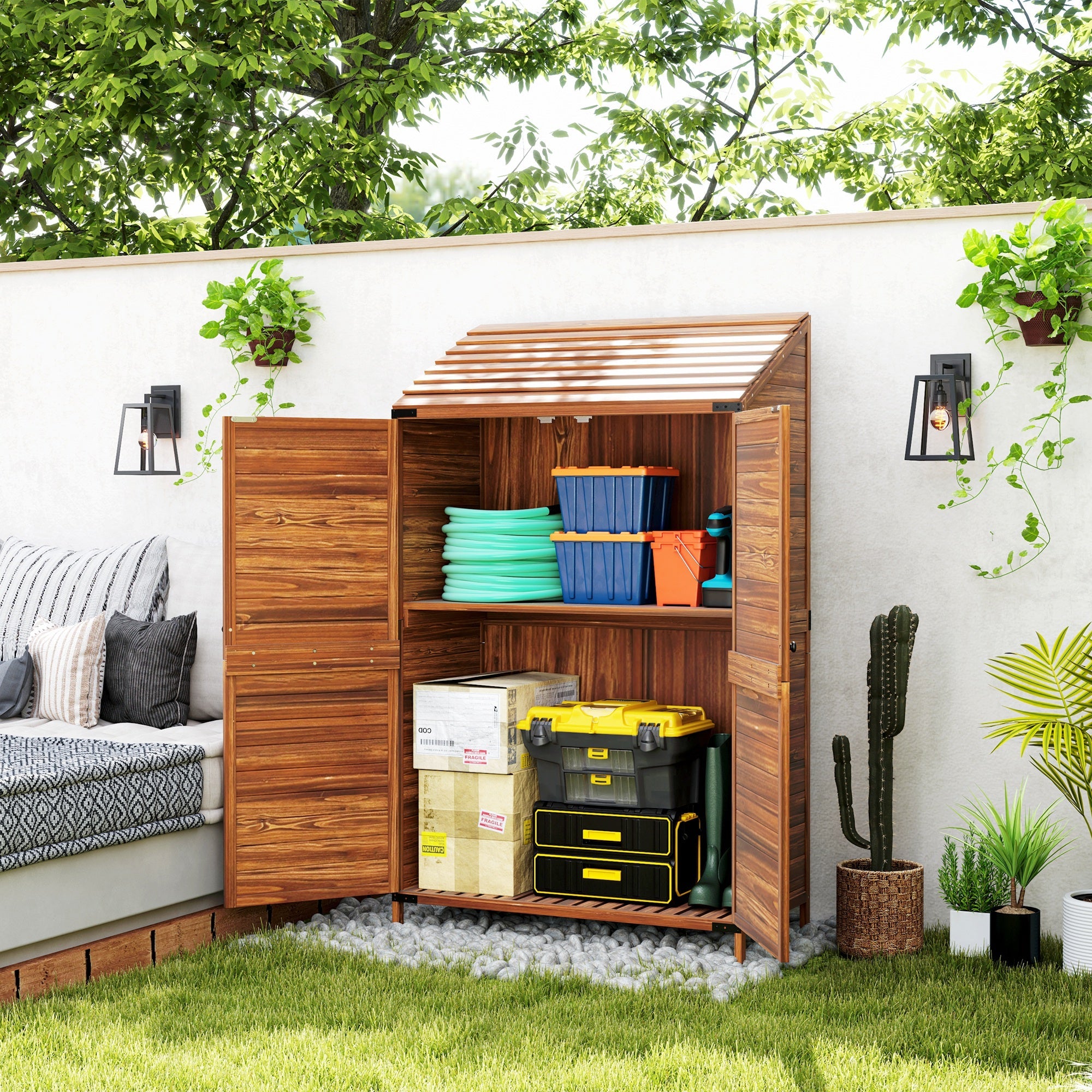 Wooden Garden Storage Shed With double Doors And Shelves