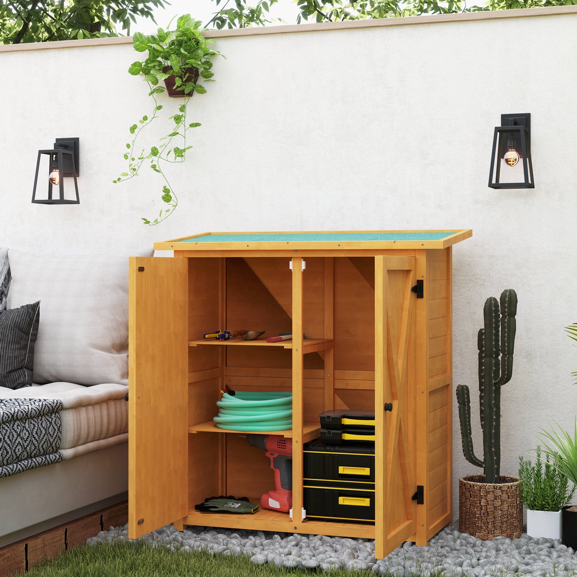 Garden Wooden Garden Storage Shed With Shelves Double Door